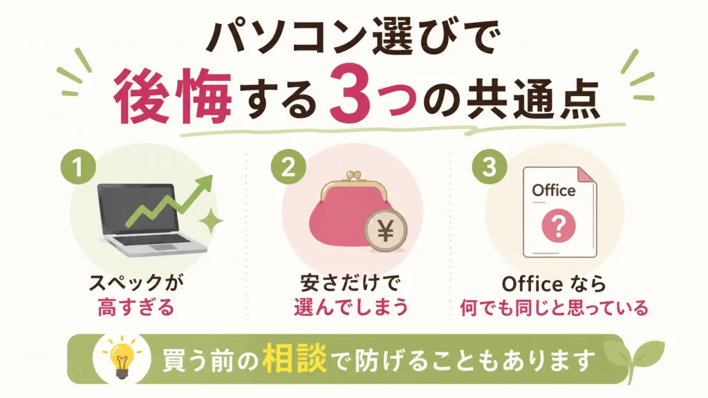 パソコン選びで後悔する3つの共通点をまとめた図解