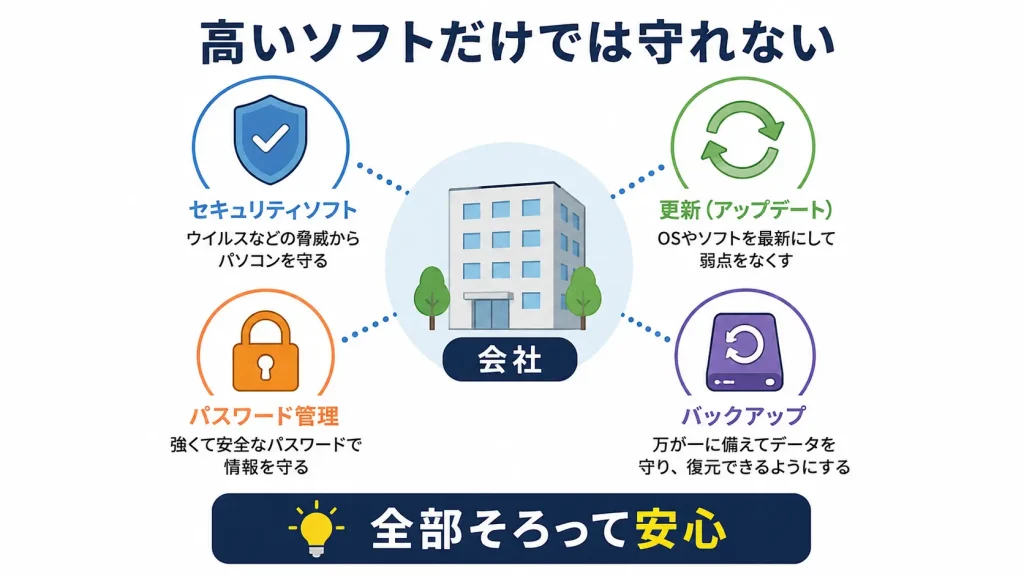 セキュリティソフトだけでなく更新やバックアップなど複数の対策が必要であることを示した図