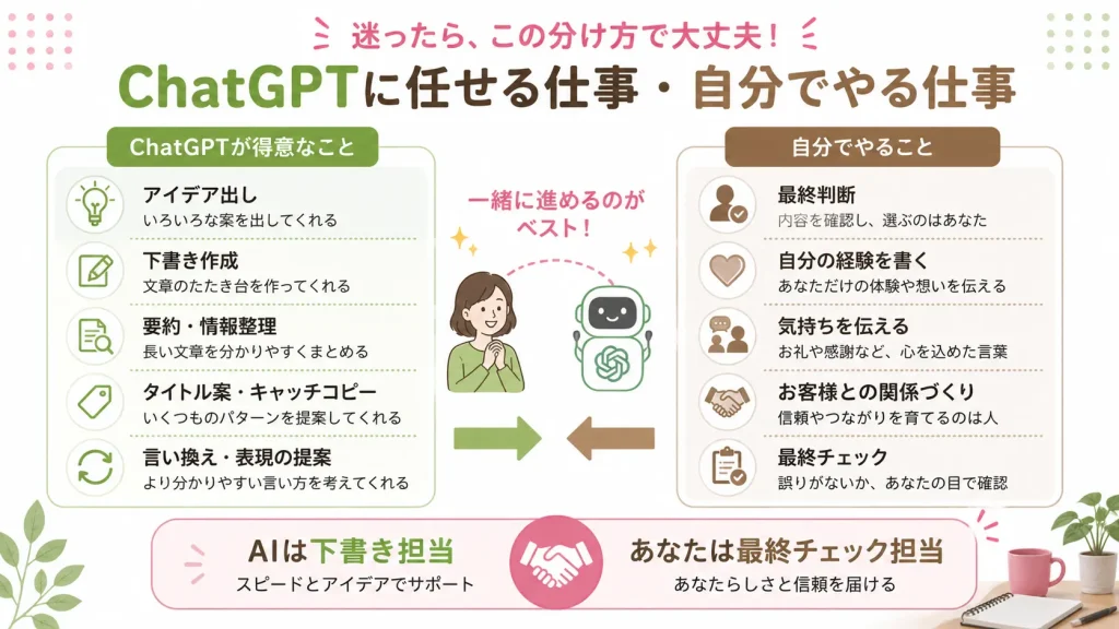 ChatGPTに任せる仕事と自分で行う仕事を比較した一覧図