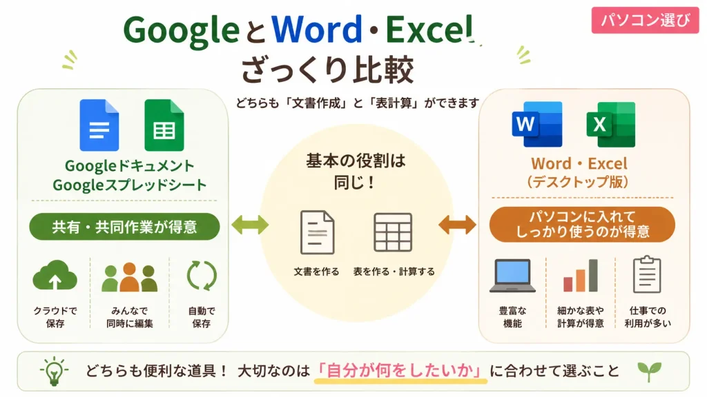 Googleドキュメント・スプレッドシートとWord・Excelの主な違いを比較した図