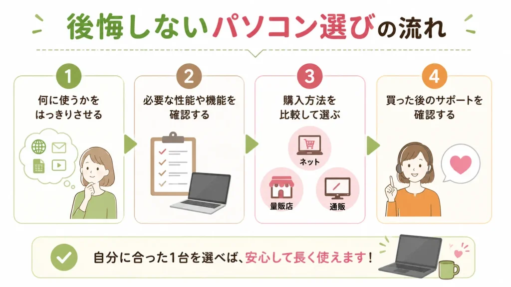 後悔しないパソコン選びの流れを示した図解