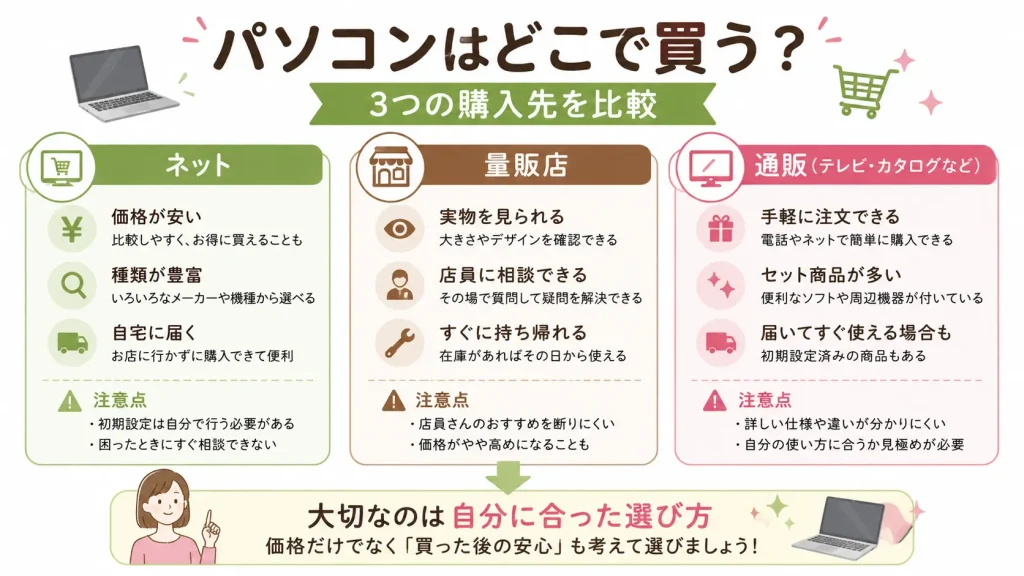 ネット・量販店・通販の特徴を比較した図解