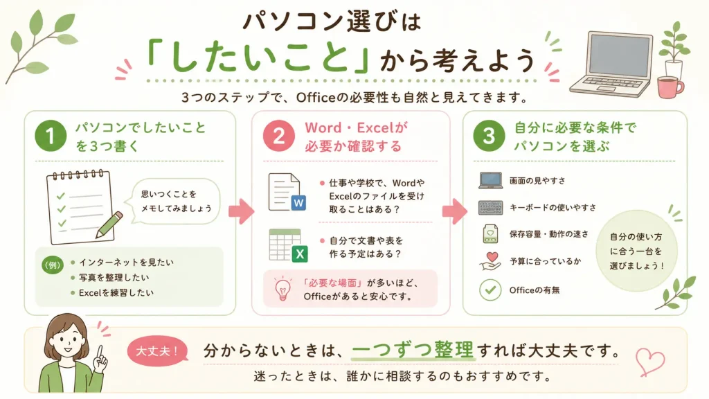 パソコンでしたいことを書き出してOfficeの必要性を判断する3ステップの図