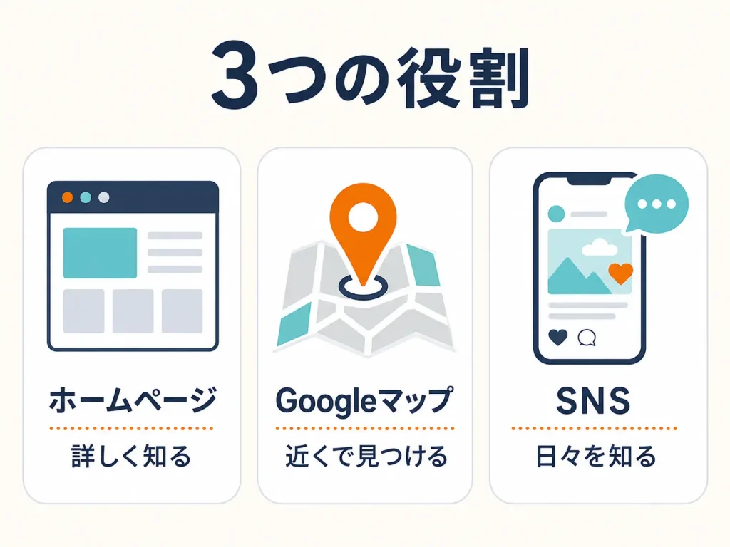 ホームページは詳しく知る、Googleマップは近くで見つける、SNSは日々を知るという役割の違い