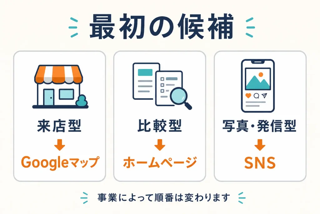 来店型はGoogleマップ、比較される仕事はホームページ、写真や発信が大切な仕事はSNSを最初の候補として示した図
