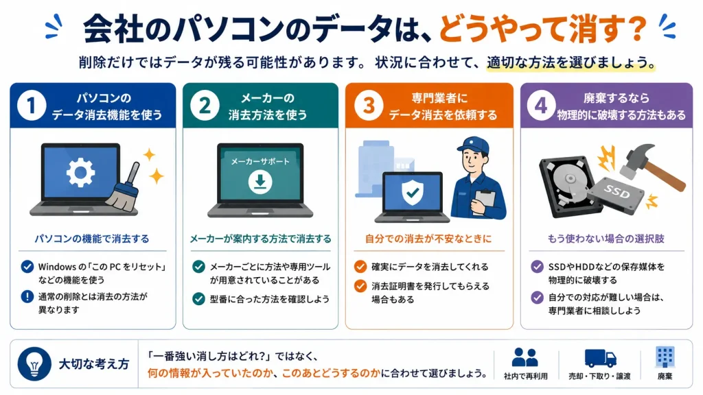 会社のパソコンのデータを消去する4つの方法として、パソコンの消去機能、メーカーの消去方法、専門業者への依頼、保存媒体の物理破壊を示した図解