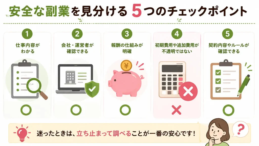 安全な副業を見分けるために、仕事内容、運営者情報、報酬の根拠、初期費用、契約内容の5項目を確認するチェックリスト図解