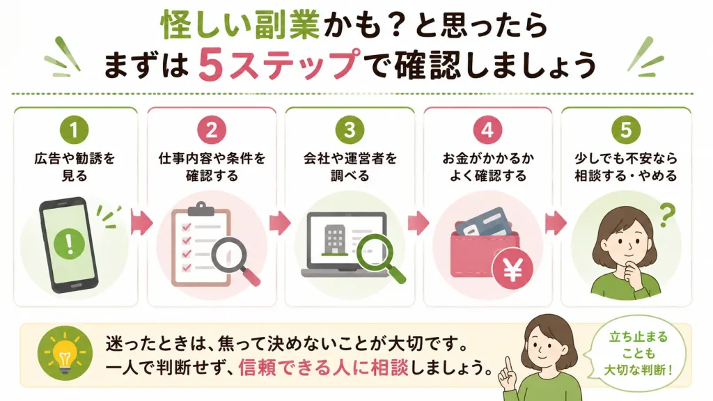 怪しい副業を見つけたときに、広告確認・仕事内容確認・運営者確認・費用確認・相談または見送るまでの5ステップをイラストで示したフロー図