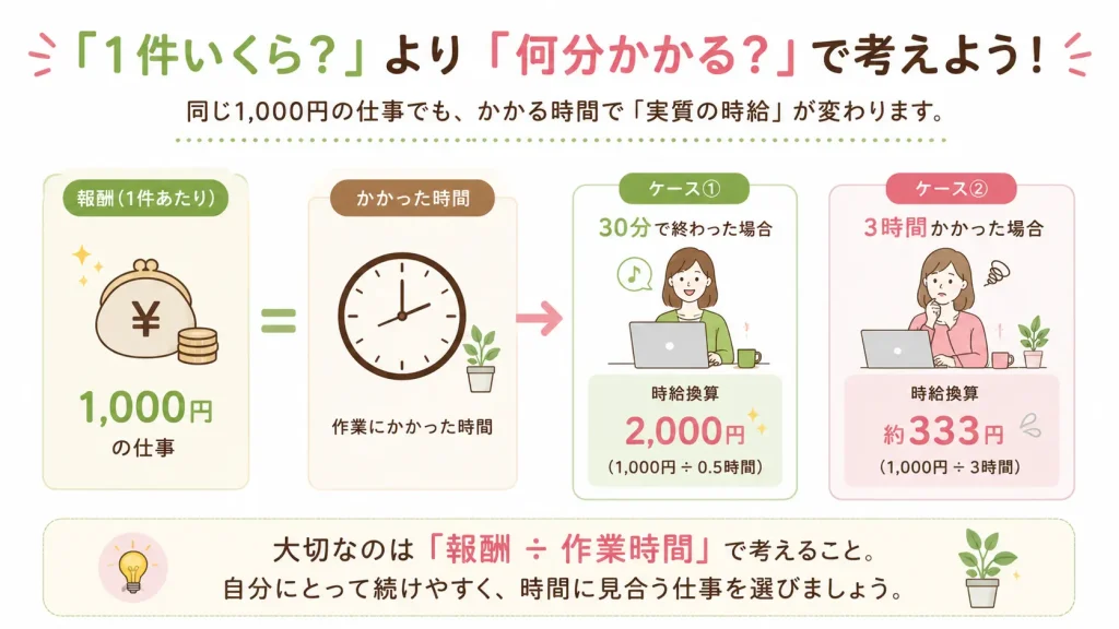 在宅ワークの報酬を作業時間で割って時給換算して考える例