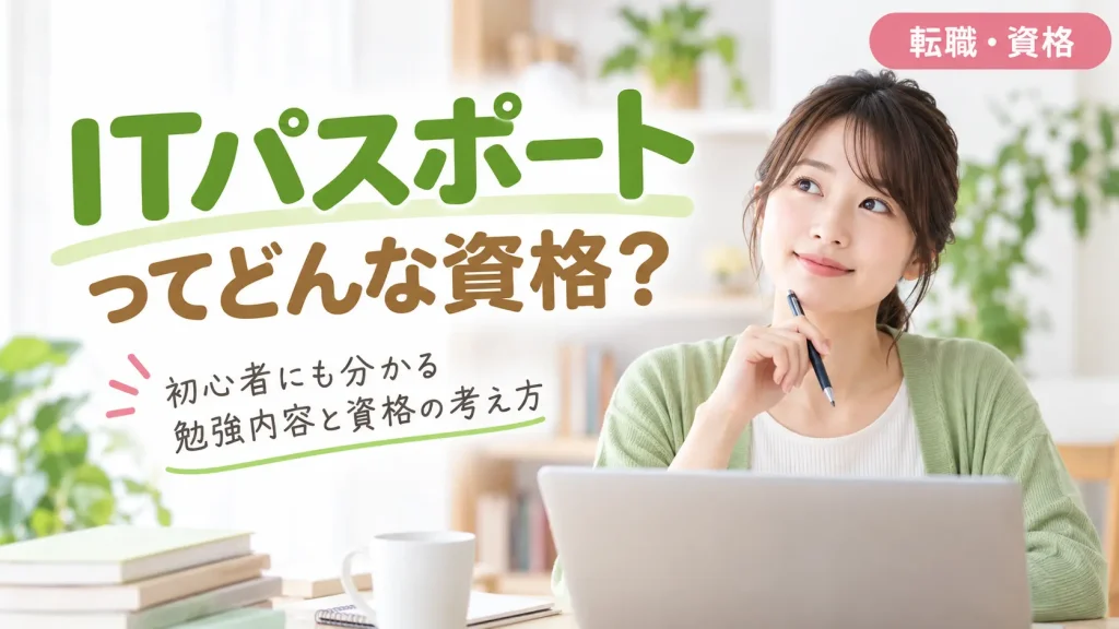 「ITパスポートってどんな資格？」をテーマに、パソコンの前で資格について考える女性の画像