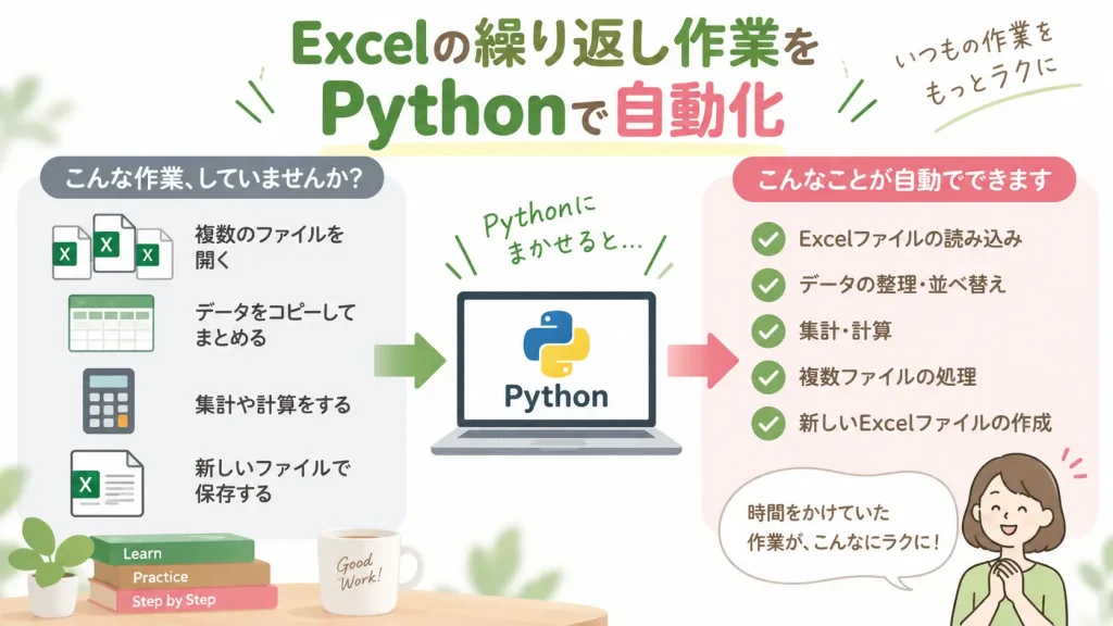 Excelの繰り返し作業をPythonで自動化するイメージ