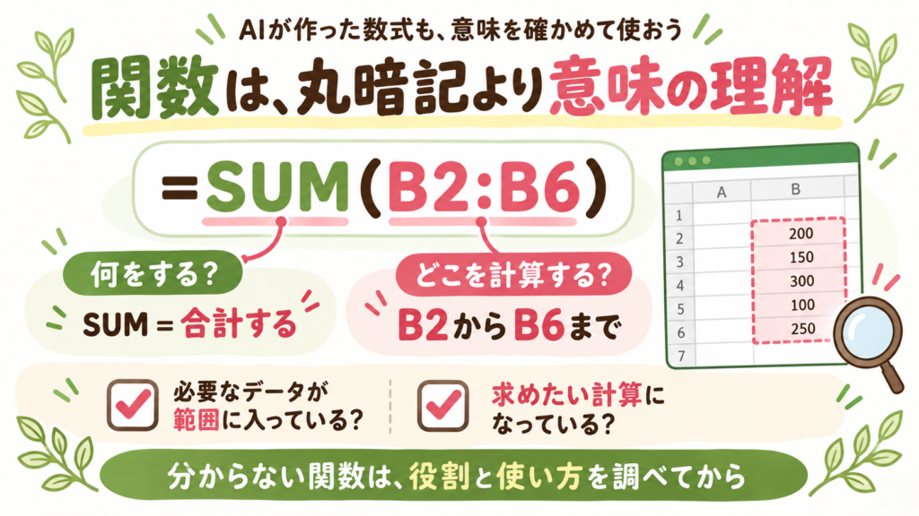 数式「=SUM(B2:B6)」を例に、SUMは合計する関数、B2:B6は計算範囲と説明し、必要なデータと計算内容を確認するポイントを示す図
