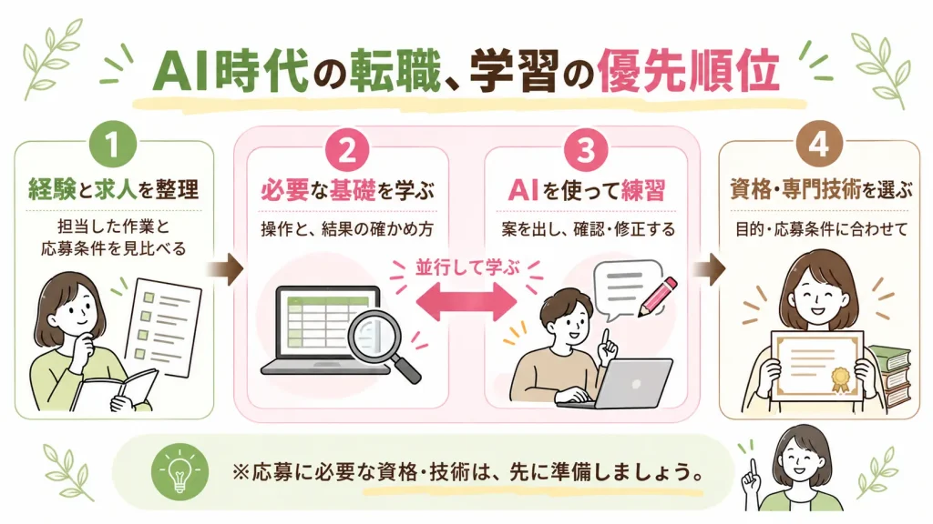 経験と求人条件を整理し、ITの基礎とAI活用を並行して学び、目的に合わせて資格や専門技術を選ぶ流れ。応募に必須の資格・技術は先に準備する。
