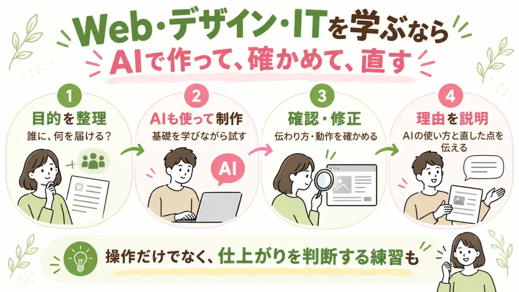 Web・デザイン・IT専門職に向けて、目的の整理、AIも使った制作、仕上がりの確認・修正、工夫した理由の説明まで練習する流れ