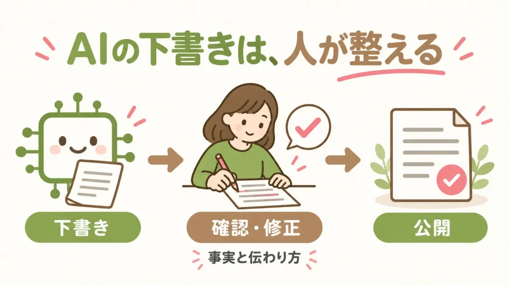 AIで下書きを作り、人が事実を確認して言葉を整え、公開する流れ