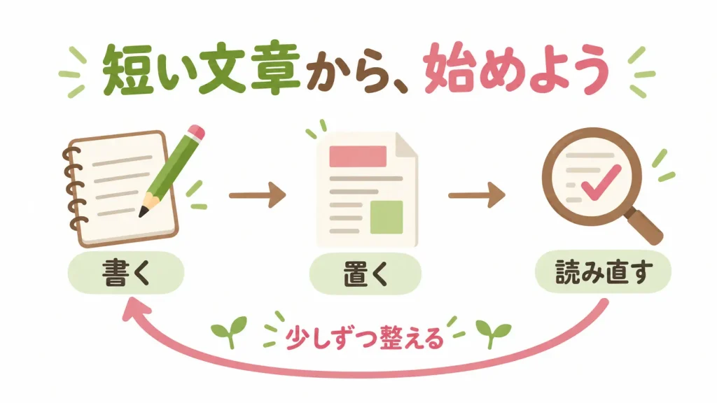 短い文章を書き、ページに置き、読み直して整える学習の流れ