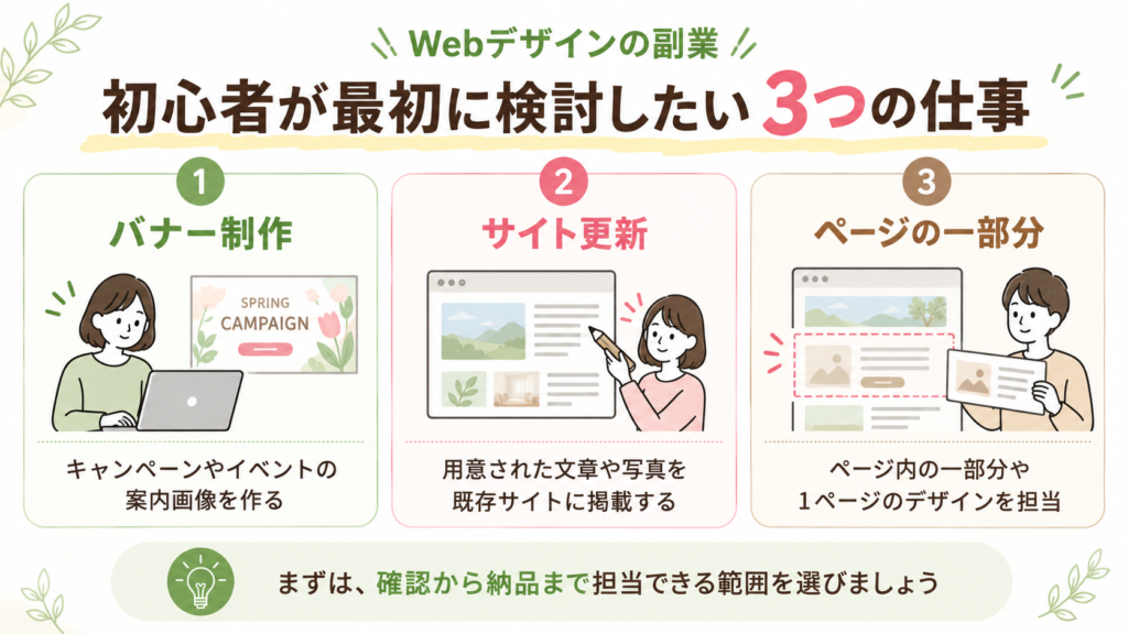 Webデザインの副業で最初に検討するバナー制作、既存サイトの更新、ページの一部分の制作について、具体例とイラストで示した図解