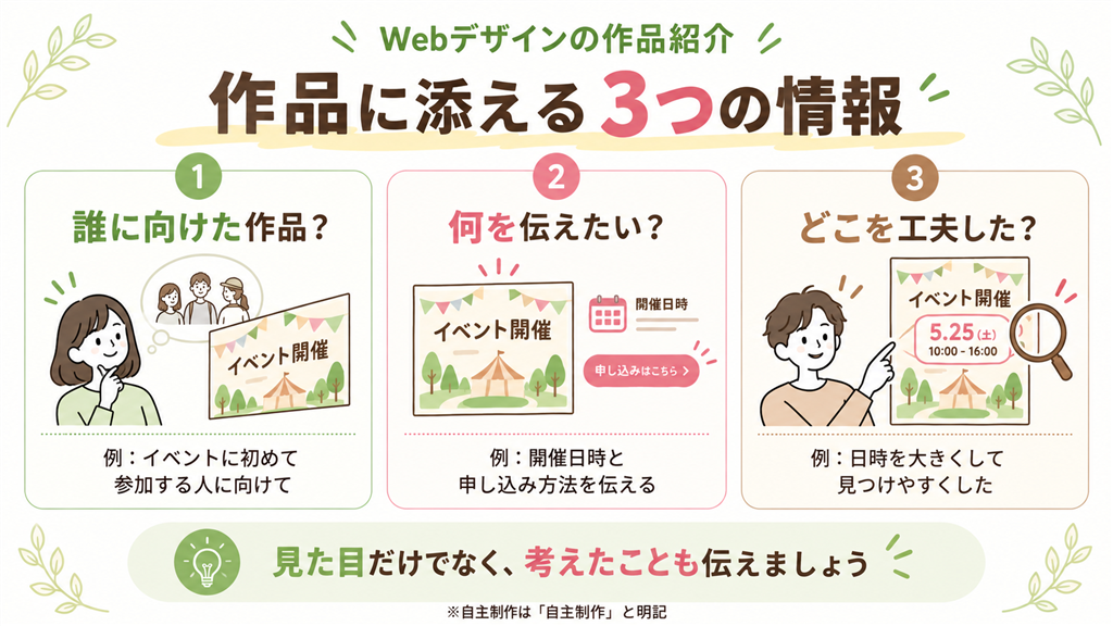 自主制作のイベント案内を例に、作品の対象となる人、伝えたい内容、工夫した点の3つを説明する図解