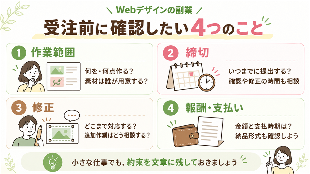 Webデザインの仕事を受ける前に確認する作業範囲、締切、修正、報酬と支払いについて、具体的な質問を添えて示した図解